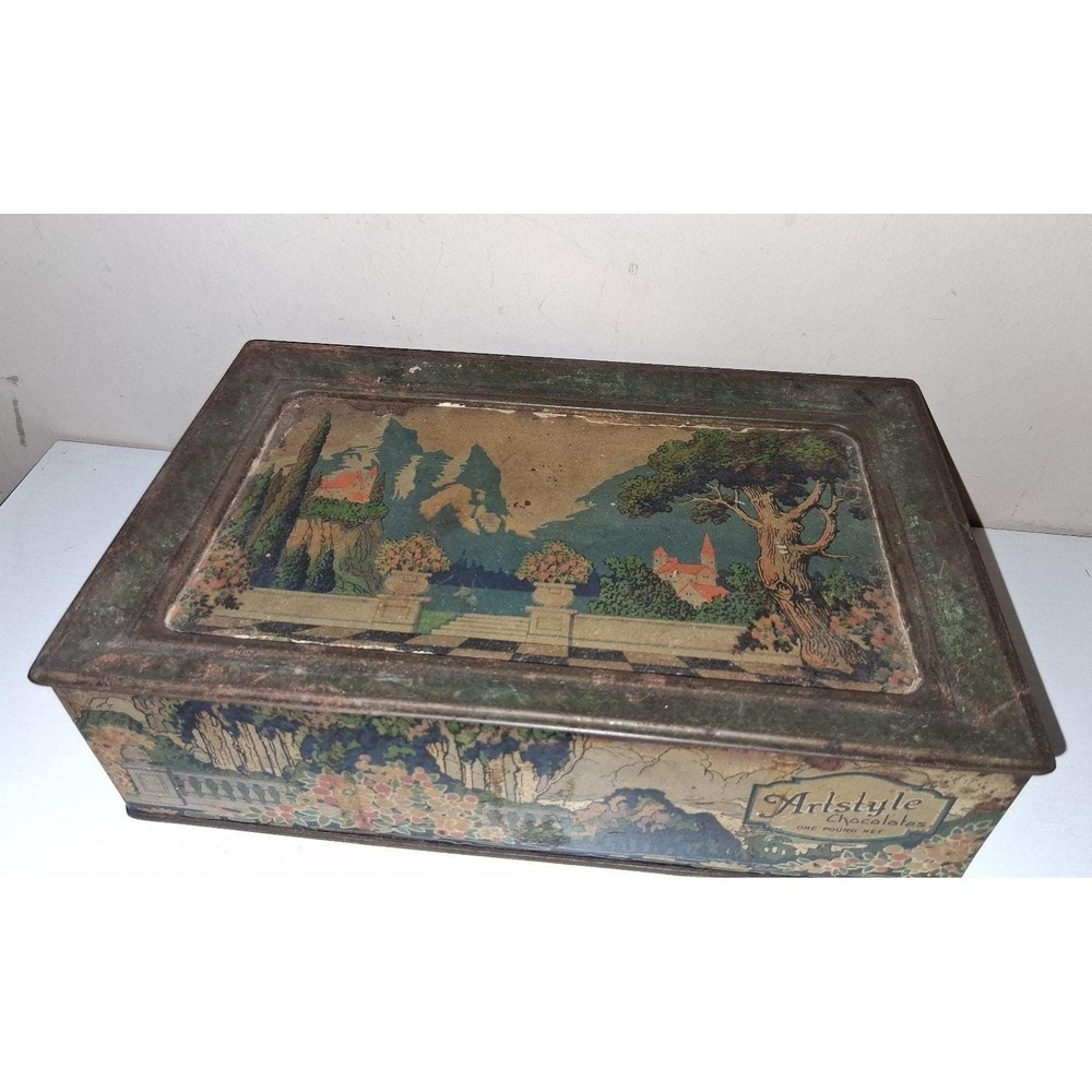 Vintage Artstyle Chocolates Tin Art Deco Scenic Candy Box Floral Landscape